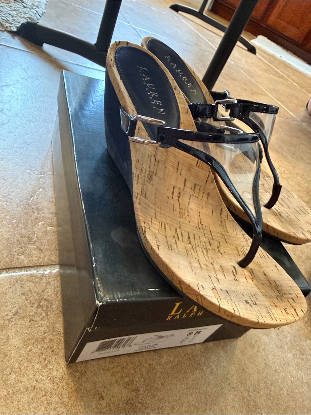 Women’s Ralph Lauren Rula wedge thong sandals navy clear cork sz 8 Nice!
